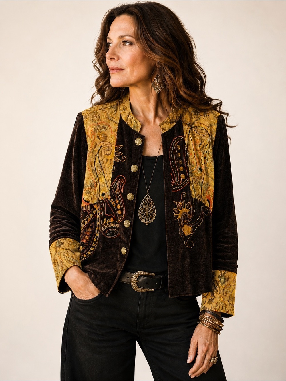 VTG Dressbarn Boho Paisley Velvet Tapestry Jacket Embroidered Button Front Sz. L